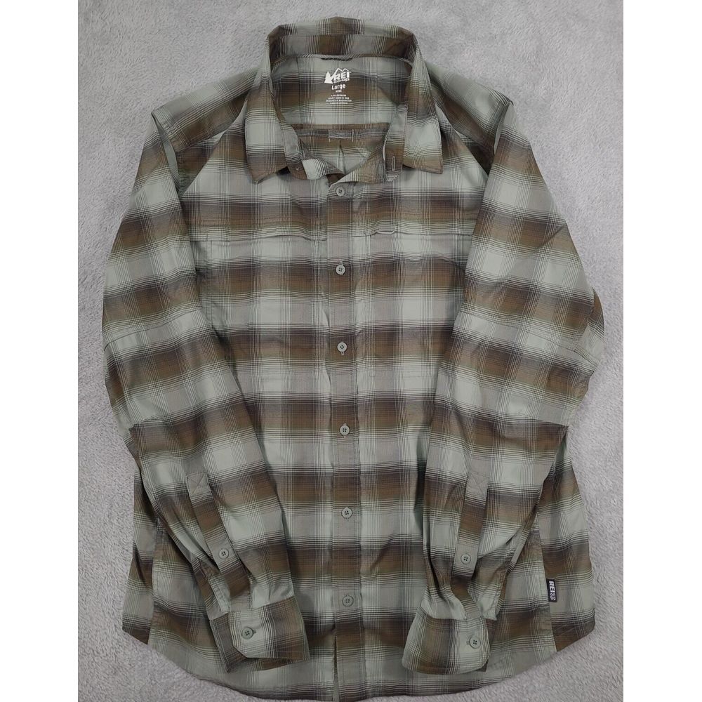 REI Co-op Shirt‎ Men L Large Green Plaid Vented Button-Up Long Sleeve Pockets